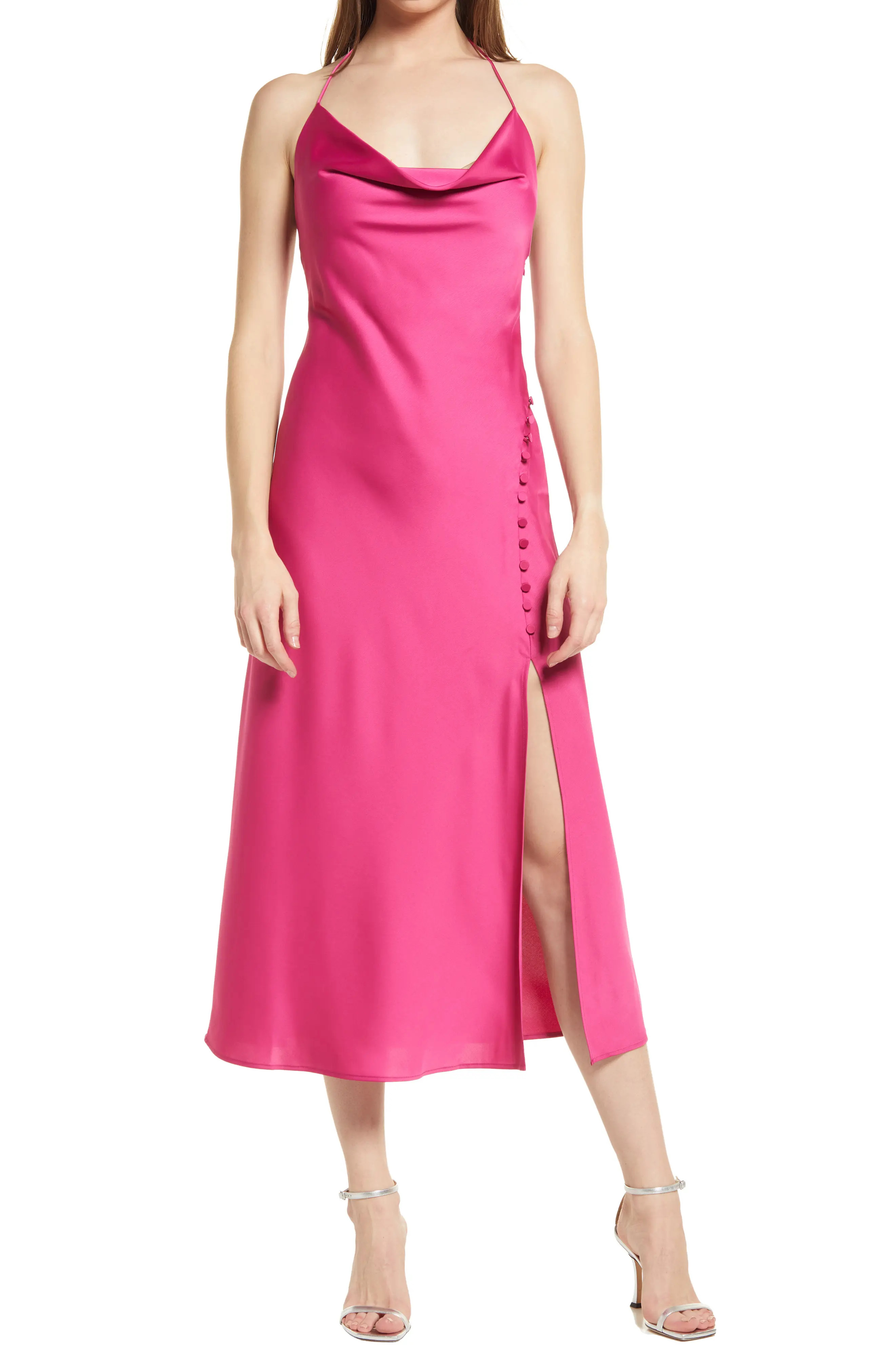 WAYF The Belize Cowl Neck Satin Halter Slipdress in Magenta at Nordstrom, Size Small | Nordstrom