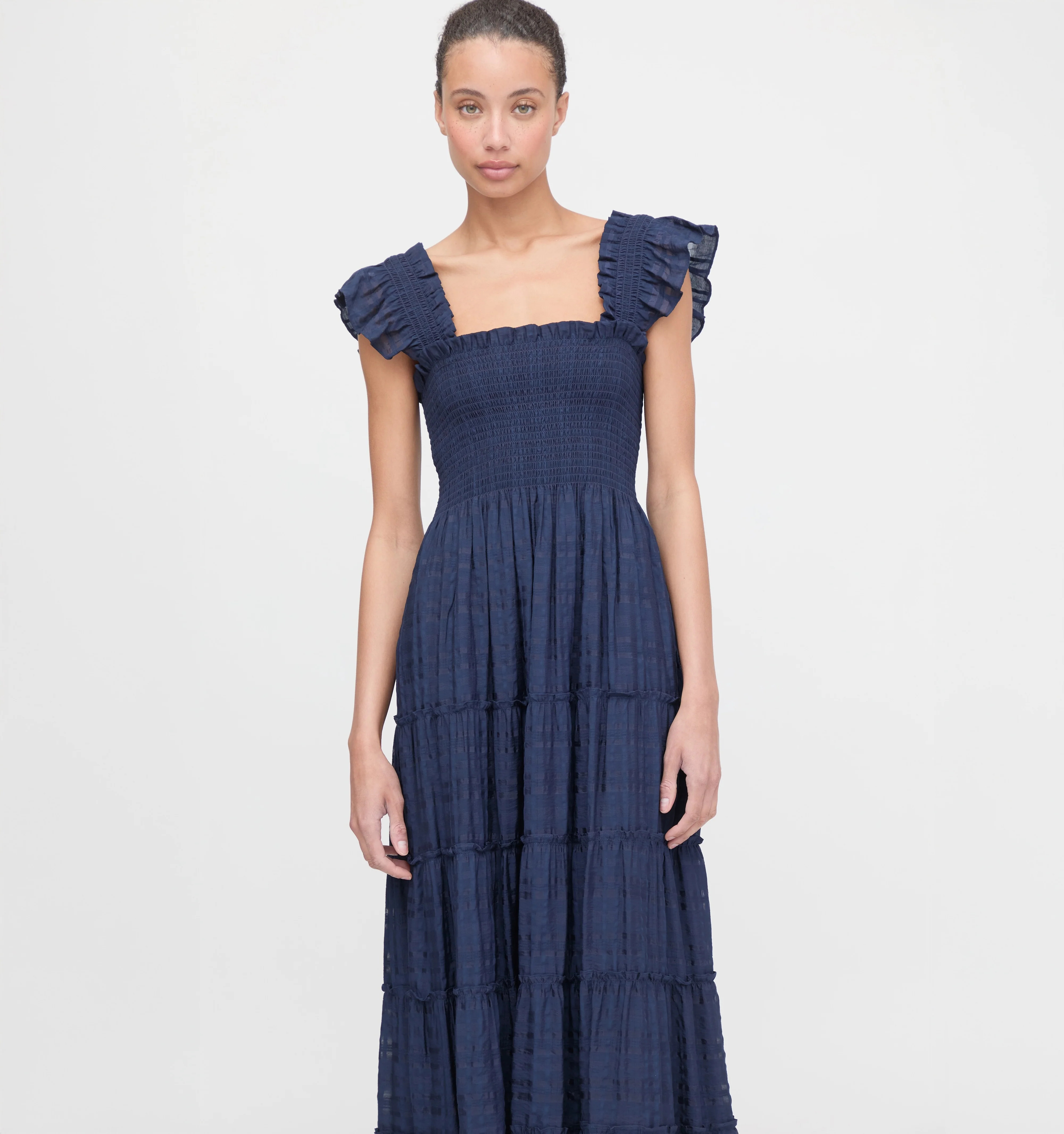 The Ellie Maxi Nap Dress - Navy Sheer Plaid | Hill House Home US