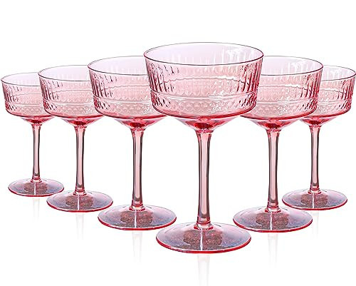 CLUSIVC Pink Coupe Cocktail Glasses set of 6 - Ribbed Coupe Cocktail Glasses 9oz, Unique Cocktail Glass for Bar, Martini, Impressive Cocktail Party Glasses New Year Gifts | Amazon (US)