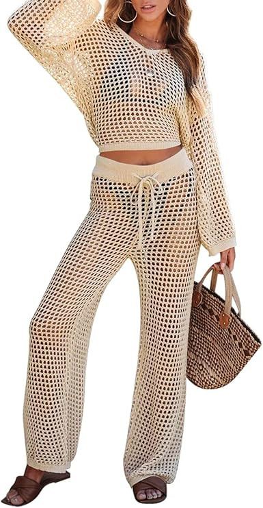 Pink Queen Women's Swimsuit Cover Up Set 2 Piece Crochet Long Sleeve Crop Top Wide Leg Pants Beac... | Amazon (US)