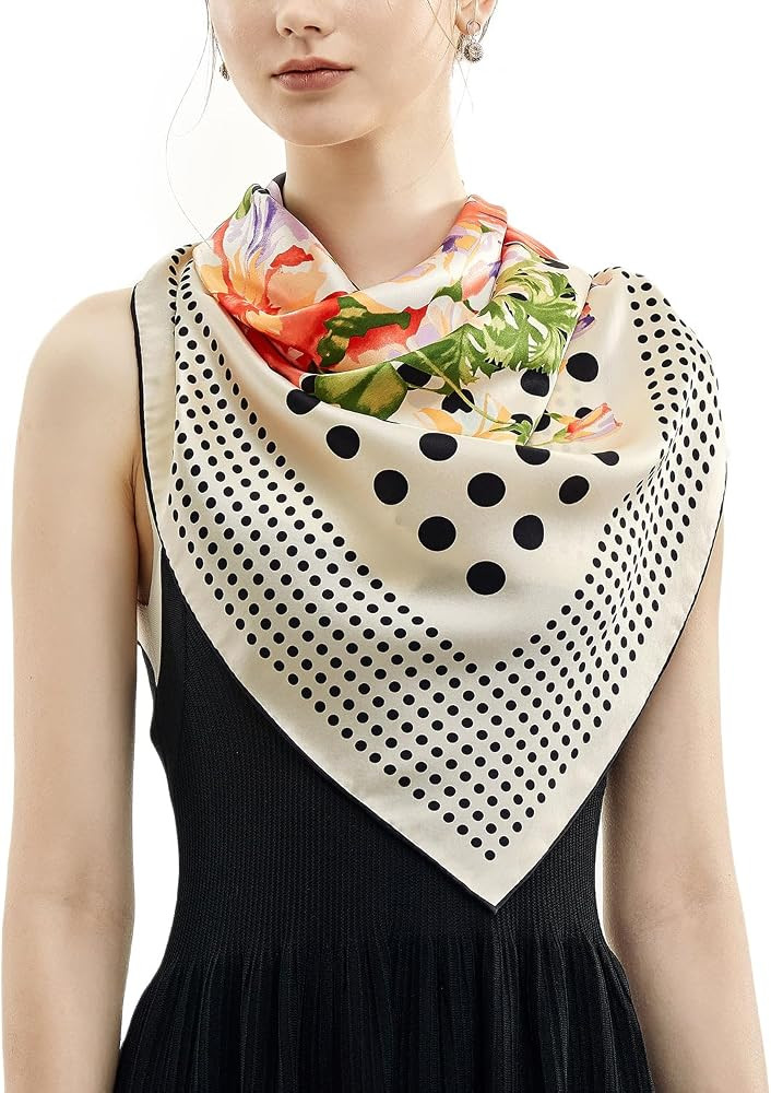 35"x35" Large Square Printed 100% Mulberry Silk Charmeuse Scarf with Hand-Rolled Edges | Amazon (US)
