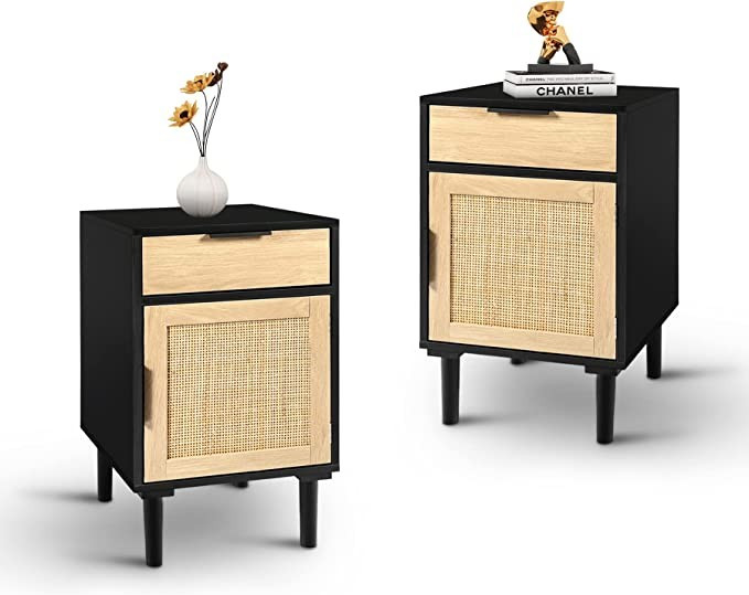 Amazon.com: AOTIFARM Nightstands Set of 2 Black with Drawer and Cabinet Bedside Table Set of 2 wi... | Amazon (US)