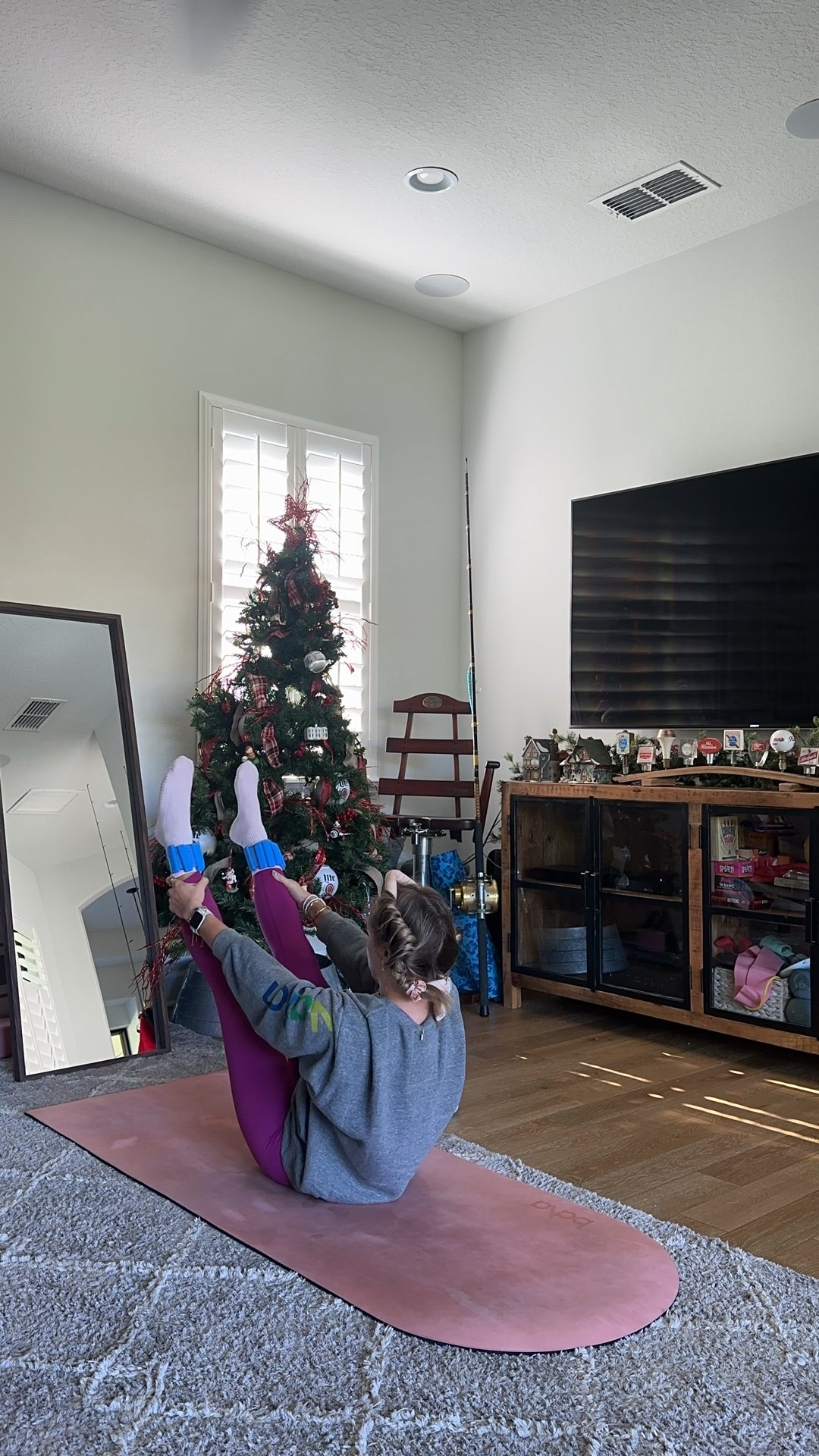 Amazon purple leggings. Lavento Women's All Day Soft Light Yoga Leggings 25" - No Front Seam Workout Legging Active Tights. Sports bra is old from aerie. Aviator nation Crewneck pullover. My workout out and workout gear for my daily workout. I take pilates classes from @lexfish on Instagram she has a whole online platform and membership! Most of my pilates gear and tools are from Bala. Bala use code SLOANE15. 
#workoutgear #workoutwear #pilates #ootd #outfit #athleticwear #athleticoutfit #bikershorts #sportsbra #pilatesoutfit #athleisure #bala #pilatesworkout #pilateslovers #pilatestiktok #balabangles

#LTKWatchNow #LTKFitness #LTKActive