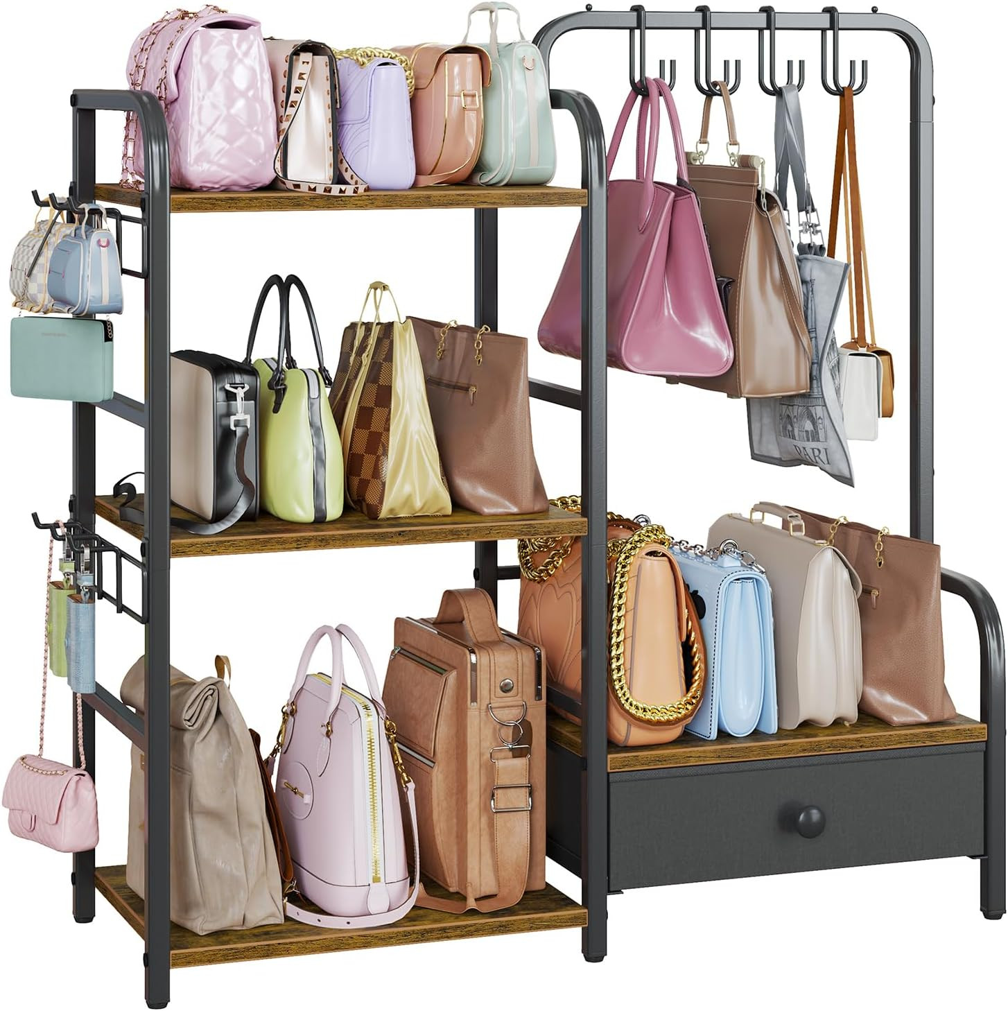 Purse Organizer for Closet, with Bottom Drawer, Extra Large Capacity 3 Tier Handbag Storage Rack for Women, 10 Purse Hanger and Hooks for Bag Organizer, Floor-Standing, Home, Living Room (Black) | Amazon (US)