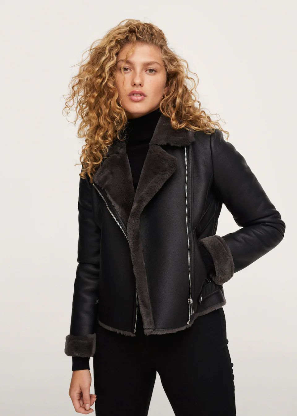 Faux shearling-lined biker jacket | MANGO (US)