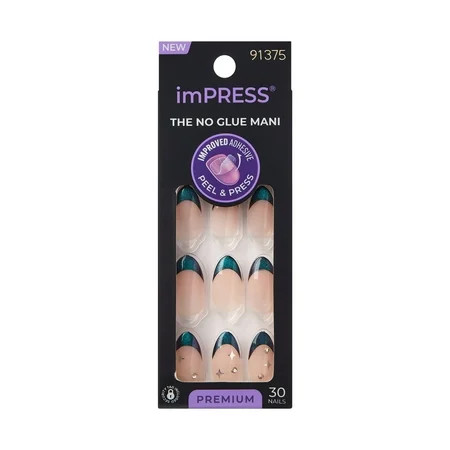 imPRESS Premium Press On Nails No Glue Needed Green French Tip Medium Almond 30 Ct. | Walmart (US)