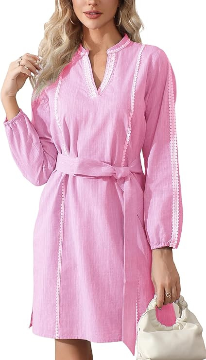 Womens Long Sleeve Cotton Linen Dress V Neck Belted Tunic Dress RIC Rac Trim Mini Dresses with Po... | Amazon (US)