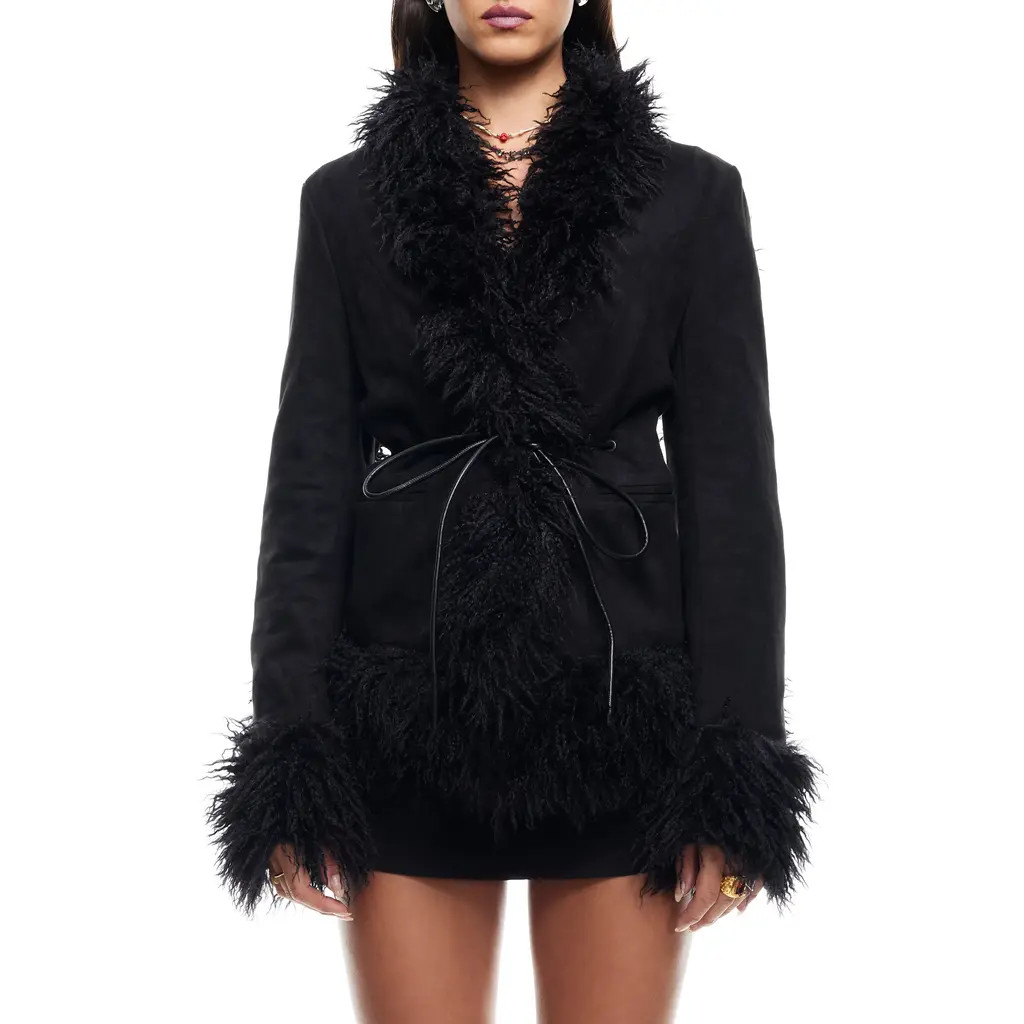 LIONESS Oui Oui Coat with Faux Fur Trim in Ink at Nordstrom Rack, Size Large | Nordstrom Rack