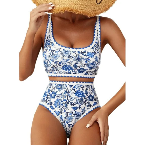 SHEWIN Women's Bikini Sets Floral Print Whip Stitch 2 Piece Swimsuits High Waisted Scoop Bathing ... | Walmart (US)