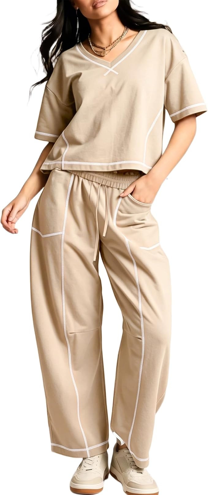 Hixiaohe Womens Sweatsuits 2 Piece Outfits Short Sleeve Crop Tops Wide Leg Barrel Pants Matching ... | Amazon (US)