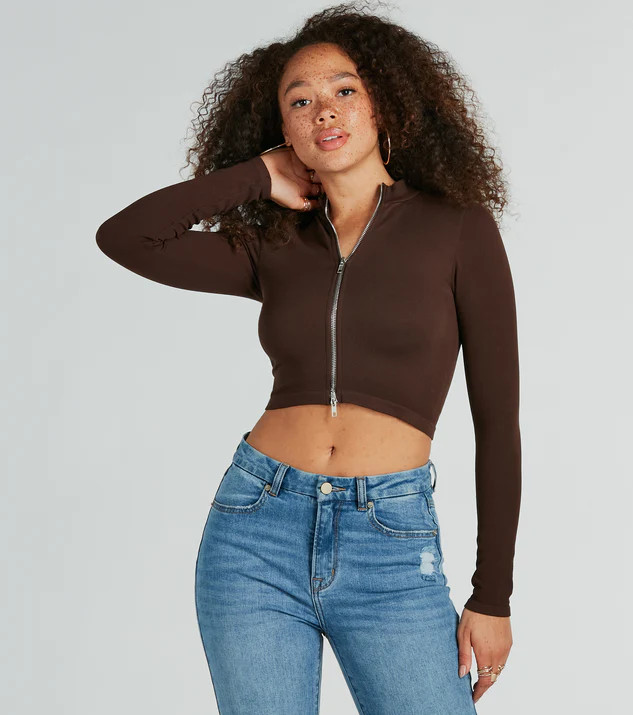 Sporty Perfection Long Sleeve Zipper Knit Crop Top | Windsor Stores