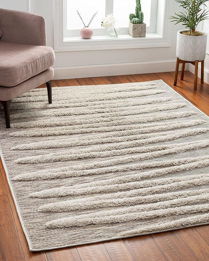 Well Woven Bergen Beige Flat-Weave Hi-Low Pile Geometric Stripes Moroccan Tribal Area Rug 8x10 (7... | Amazon (US)
