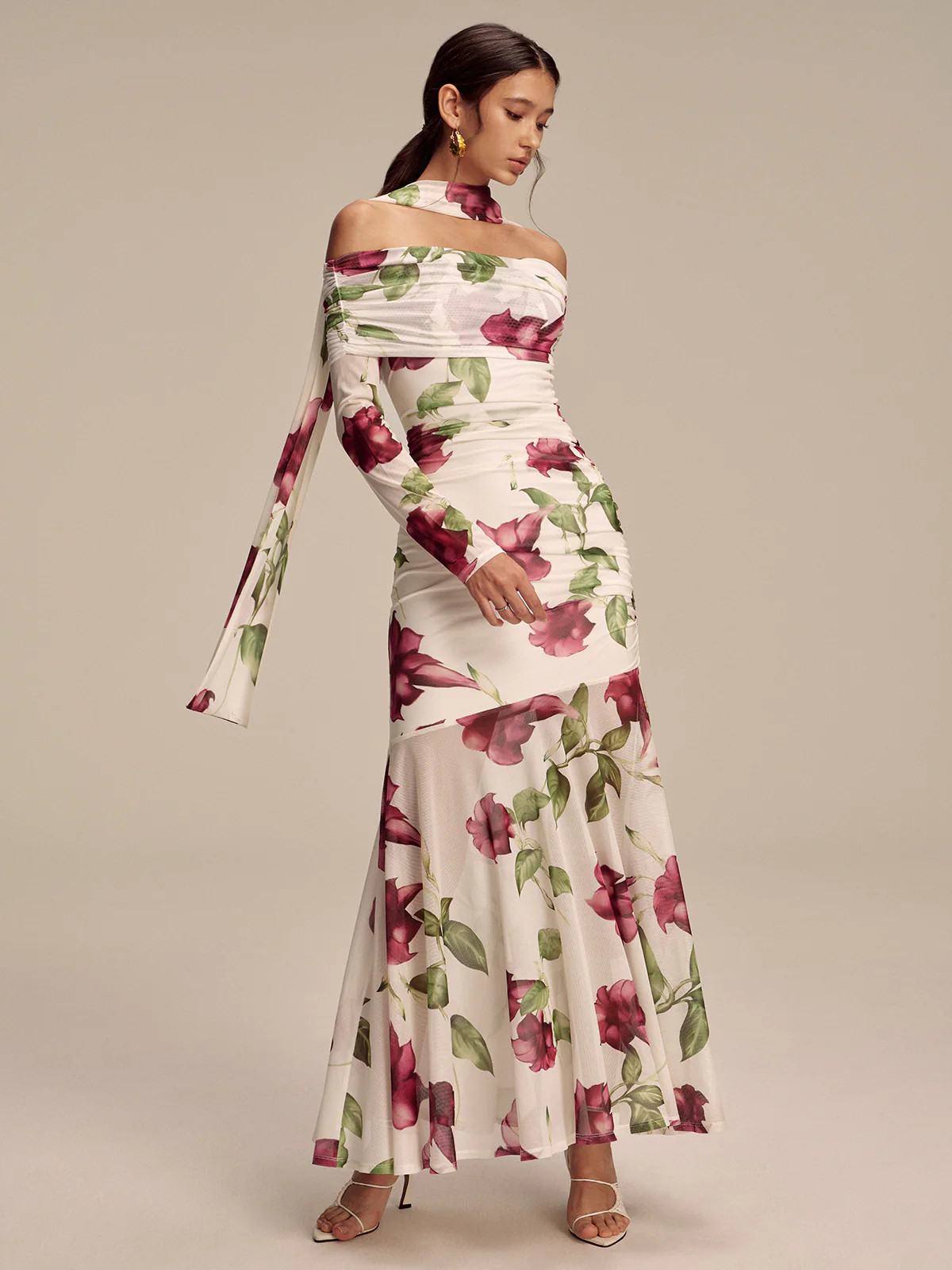 Floral Print Off-Shoulder Mesh Maxi Dress with Scarf Detail | Commense