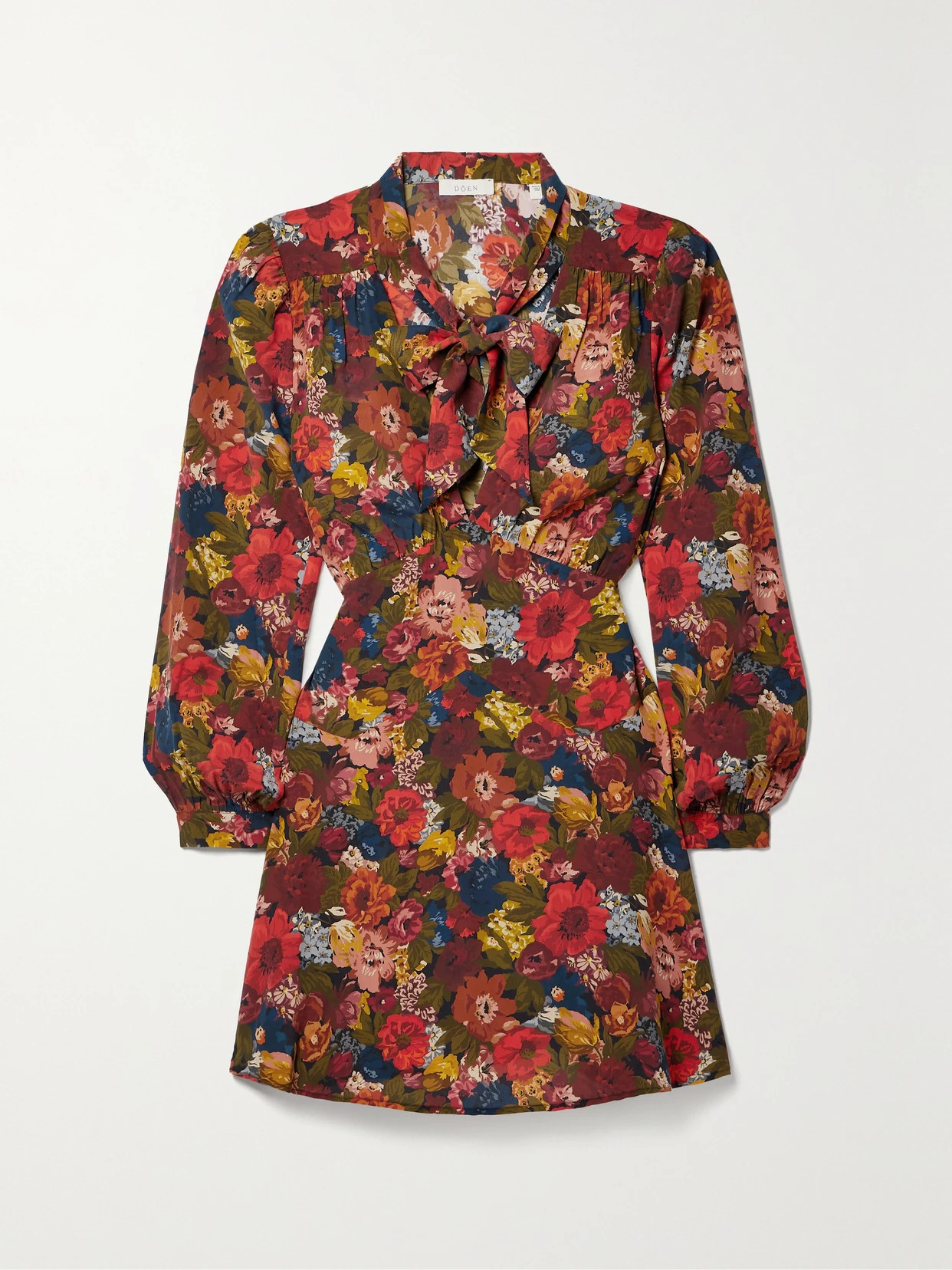 DÔEN - Kira Belted Pussybow Floral-print Silk-georgette Mini Dress - Red | NET-A-PORTER (US)