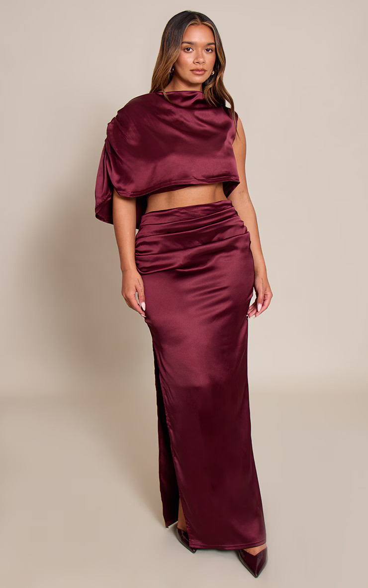 Shape Burgundy Satin Drape Maxi Skirt | PrettyLittleThing UK