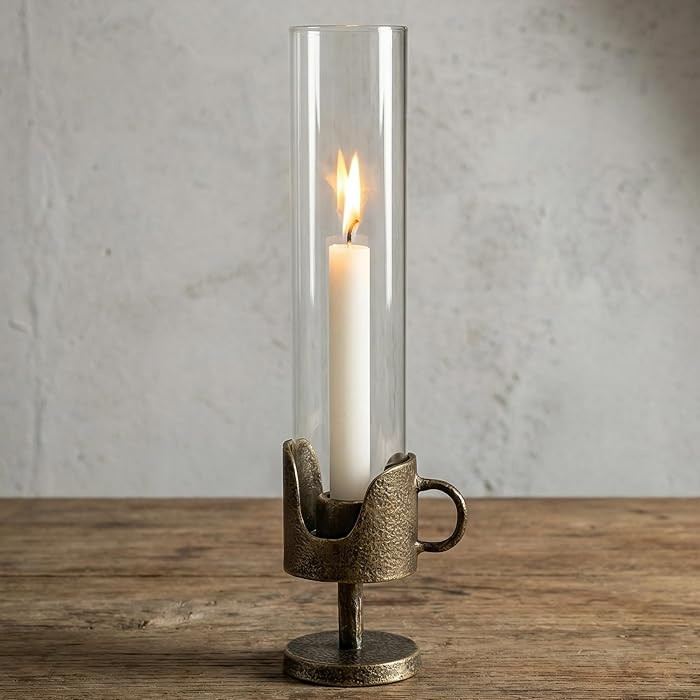 Handcrafted Cast Iron Base Hurricane Candle Holder with Glass Shade - Elegant Vintage Candle Stan... | Amazon (US)