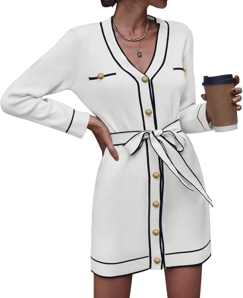 Pink Queen Women's V Neck Long Sleeve Mini Dress Elegant Button Down Open Front Color Block Knit ... | Amazon (US)