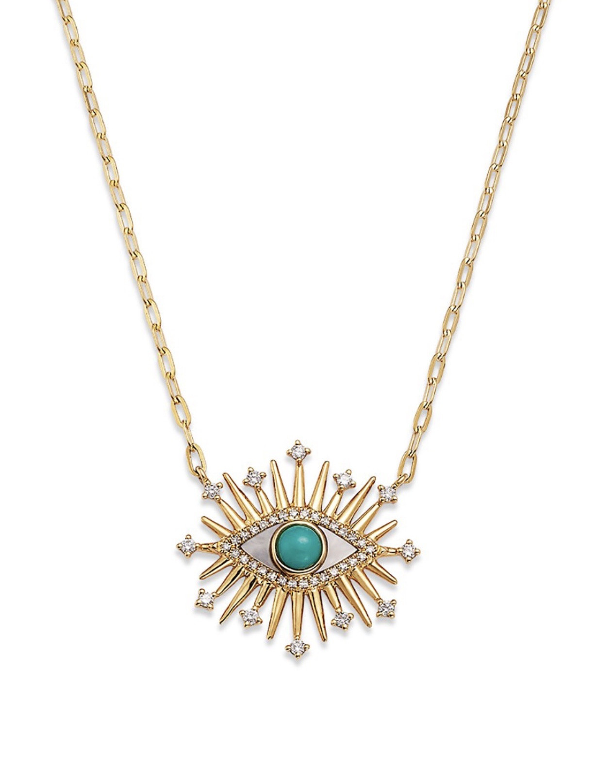 Mother of Pearl, Turquoise & Diamond Evil Eye Pendant Necklace in 14K Yellow Gold, 18"
On sale today from 4,000 to 1,400!

So striking. A mother of pearl & turquoise pendant necklace with dazzling diamond detail

#LTKootd #LTKWorkwear #LTKTravel