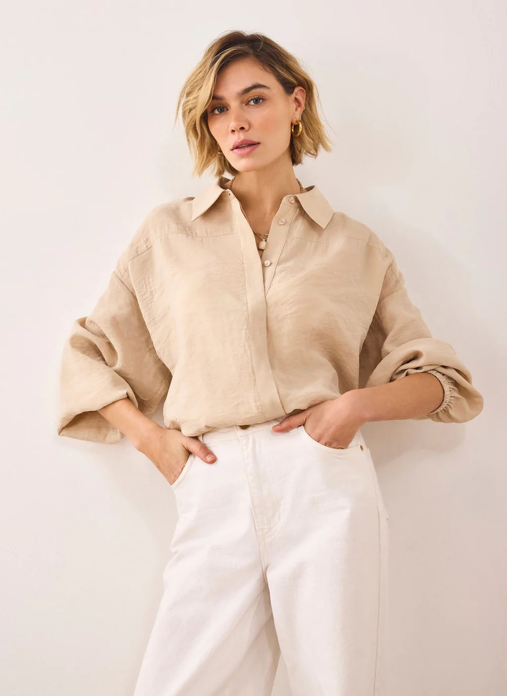 Neutral Long Sleeve Minimalist Shirt | Mint Velvet