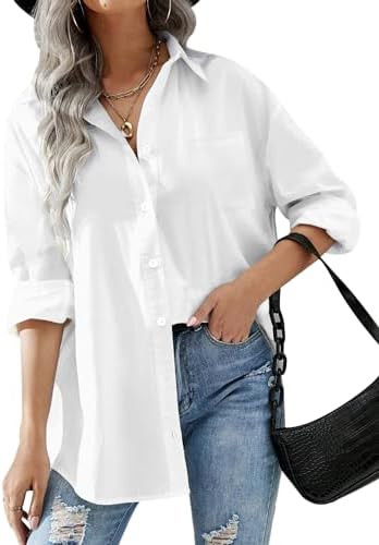HOTOUCH Women Oversized Button Down Shirts Office Drop Shoulder Blouse Long Sleeve Boyfriend Dres... | Amazon (US)