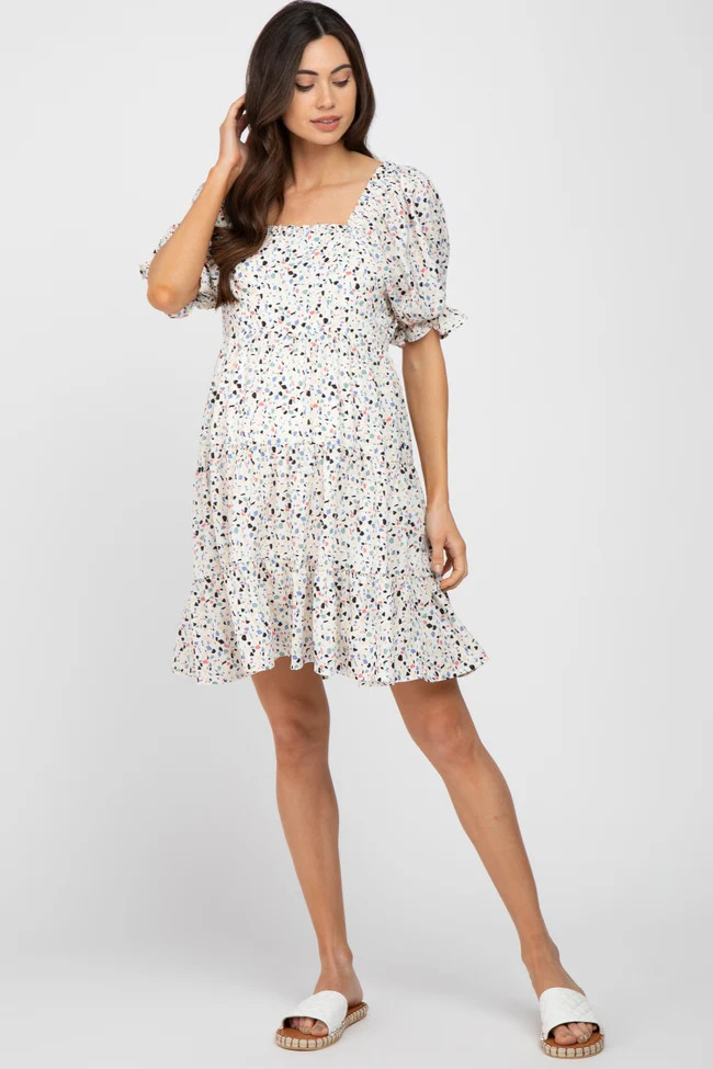 Ivory Printed Puff Sleeve Maternity Tiered Dress | PinkBlush Maternity