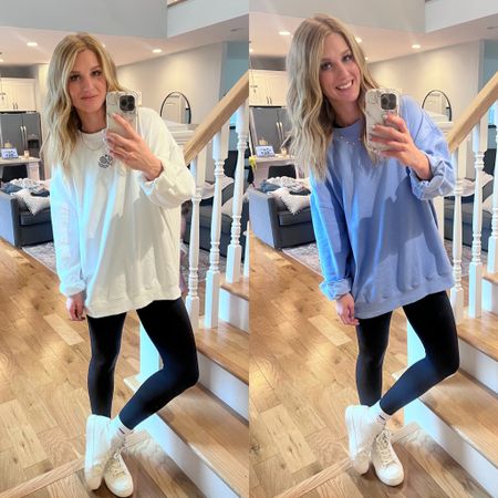 Oversized Sweaters from Old Navy. Athleisure Outfit. Travel Outfit. White High top shoes. I am wearing size Large in the sweatshirts. 

#LTKfitness #LTKtravel #LTKActive