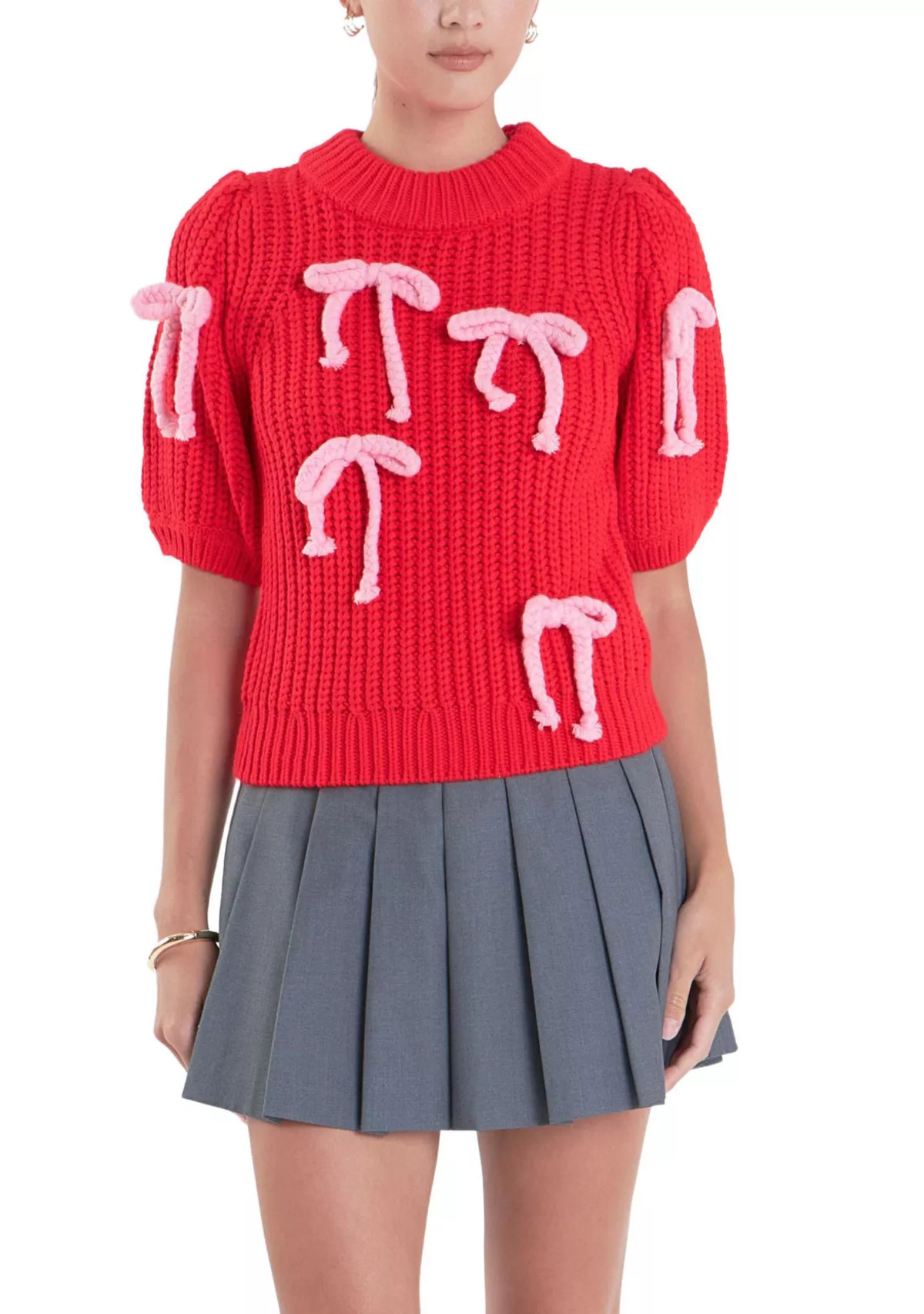 Bow Detailed Puff Sleeves Knit | Belk