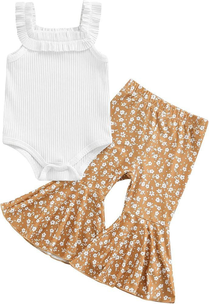Infant Baby Girl Ruffle Short Sleeve Romper Bodysuit Tops Flared Bell Bottom Pants Leggings Summe... | Amazon (US)