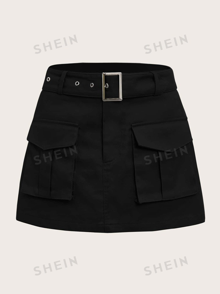 SHEIN EZwear Grunge Black  Flap Pocket Buckle Belted Cargo Skirt | SHEIN