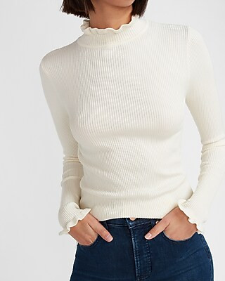 Ribbed Ruffle Mock Neck Sweater | Express