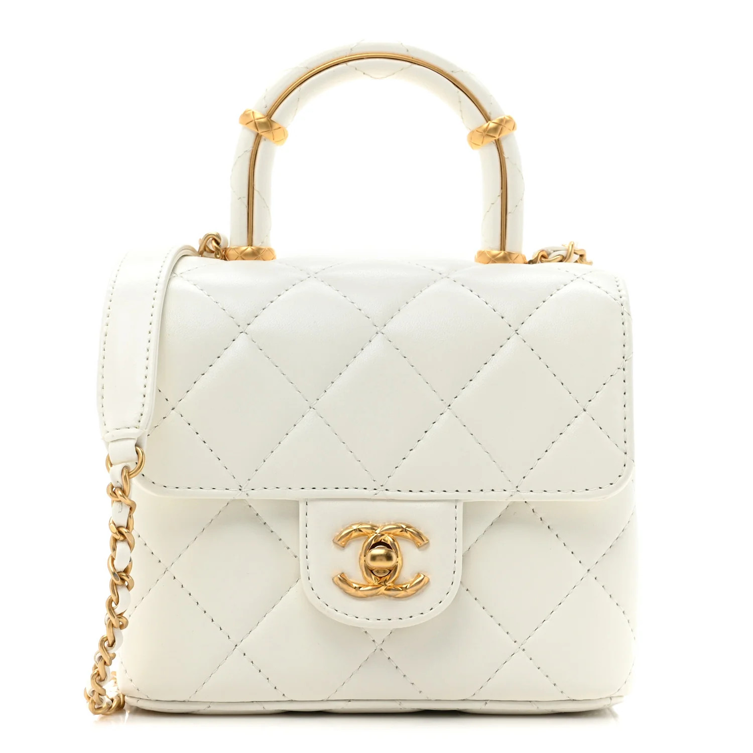 Lambskin Handle Crush Top Handle Flap Bag White | FASHIONPHILE (US)
