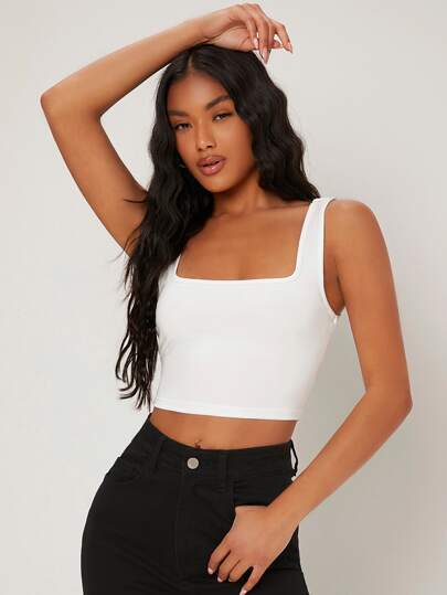SHEIN BASICS Square Neck Solid Tank Top | SHEIN