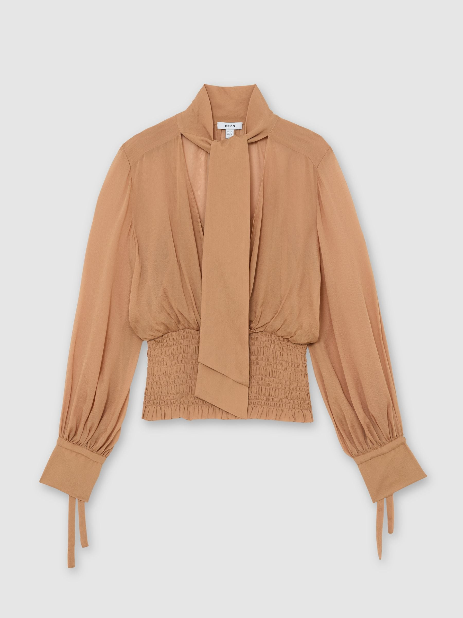 Reiss Reiss Rust Orange Phoebe Sheer Tie-Neck Shirred Blouse | Next US