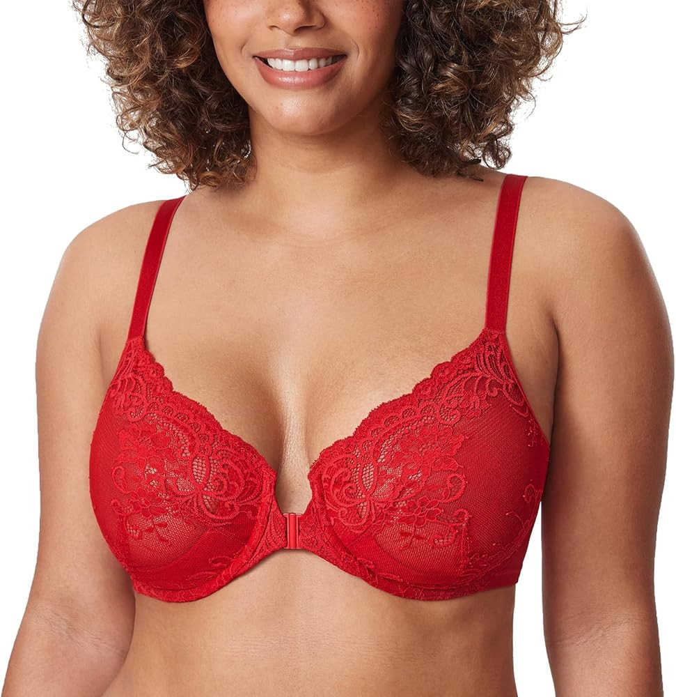 DELIMIRA Women's Front Closure Lace Sheer Bras Plus Size Full Coverage Sexy Plunge Underwire Unli... | Amazon (CA)