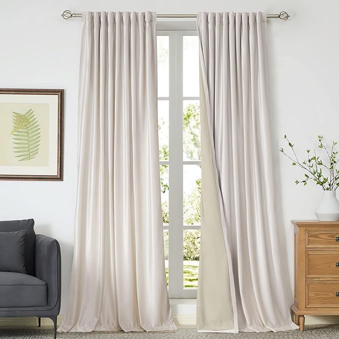 100% Blackout Ivory Off White Velvet Curtains 84 inch Long for Living Room,Set of 2 Panels Liner ... | Amazon (US)