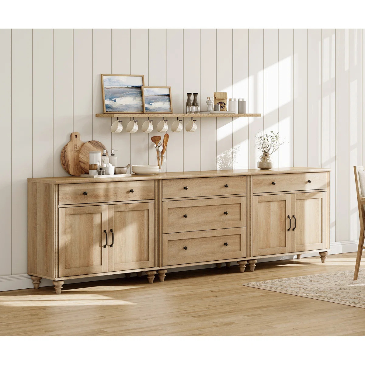 Charlton Home® Scarlett Sideboard Cabinet With 5 Drawers And 4 Doors, Vintage Wood Grain Design,... | Wayfair North America