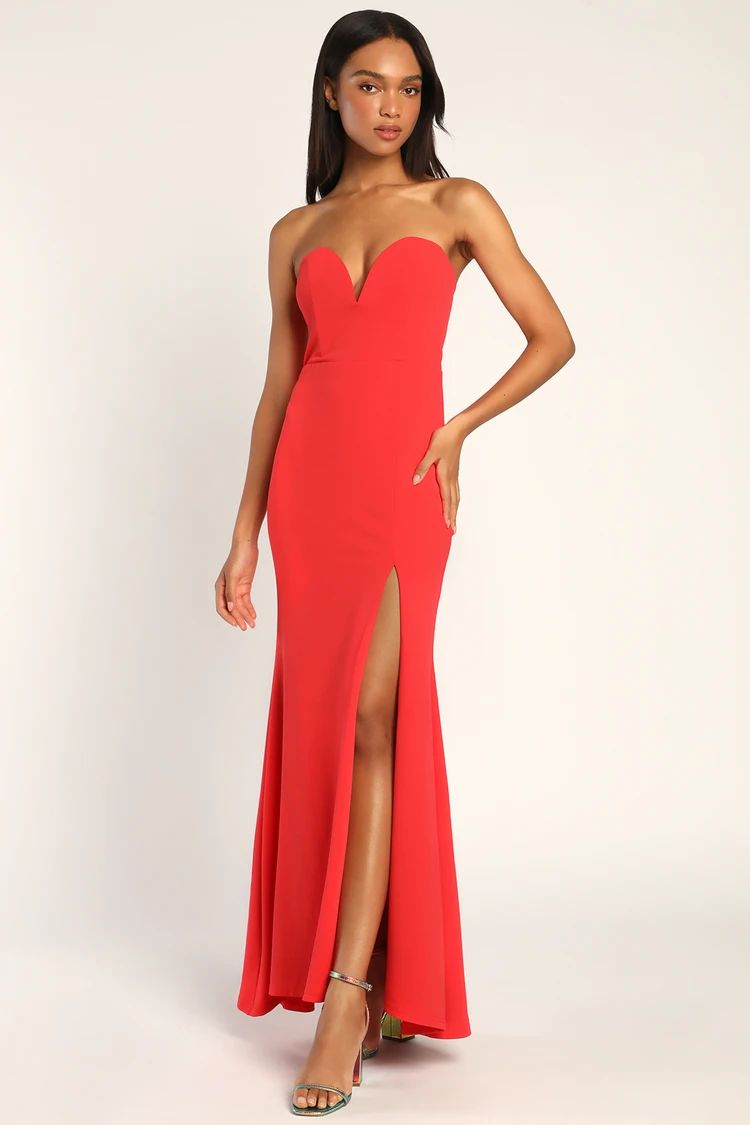 Classic Stunner Coral Red Strapless Mermaid Maxi Dress | Lulus (US)