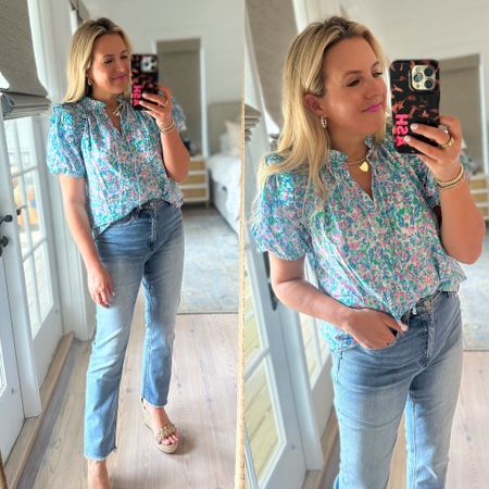 Loving this top for spring. Wearing a size small. Jeans are a size 28 and you can grab 15% off the head to toe look with code FANCY15

#LTKunder100 #LTKsalealert #LTKstyletip