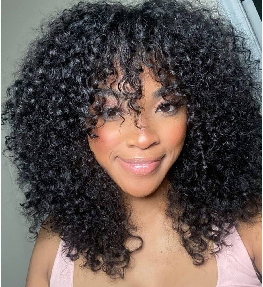 Curly Human Hair Wig With Bangs 100% Brazilian Human Hair Curly Wigs O Scalp Top Full Machine Mad... | Amazon (US)