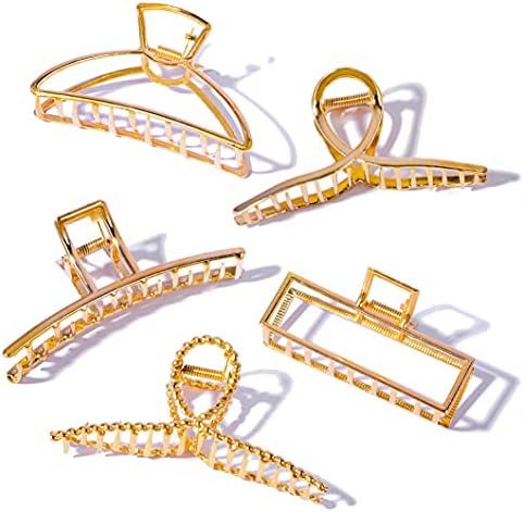LEADUWAY 5 Pcs Hair Claw Clips, Metal Hair Claws for Thick Hair, Fashion Large Gold hair Clips Suita | Amazon (US)
