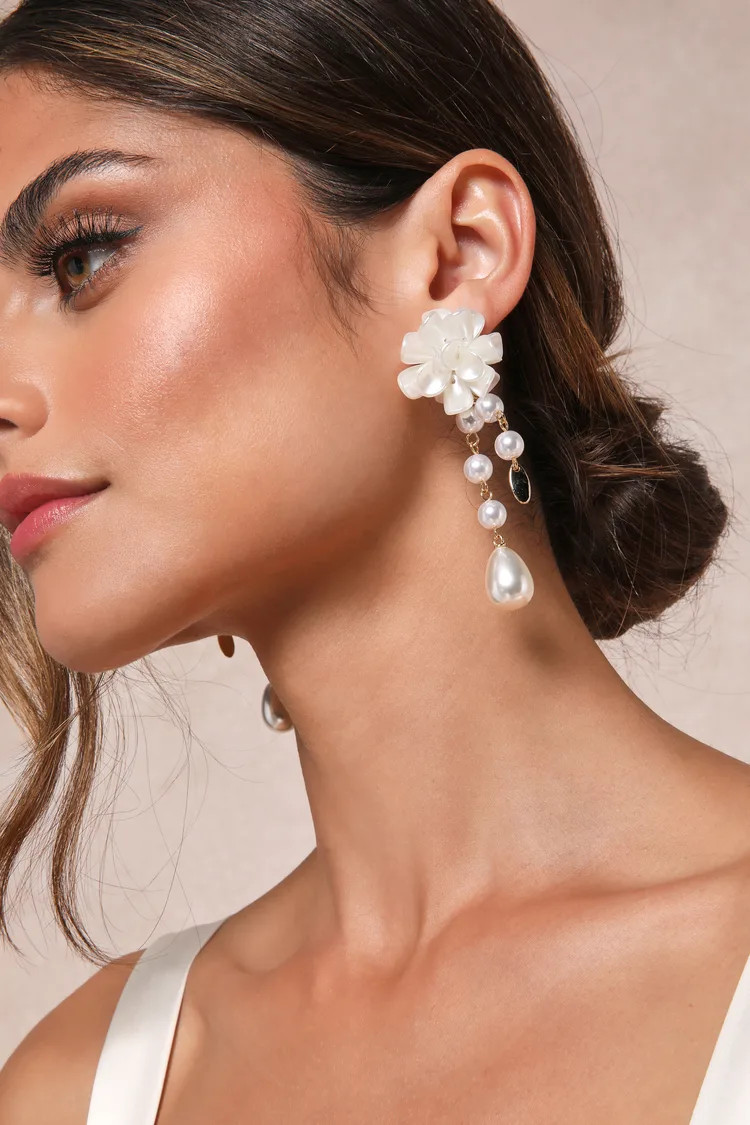 Beautiful Charm Gold and Ivory Floral Pearl Drop Earrings | Lulus