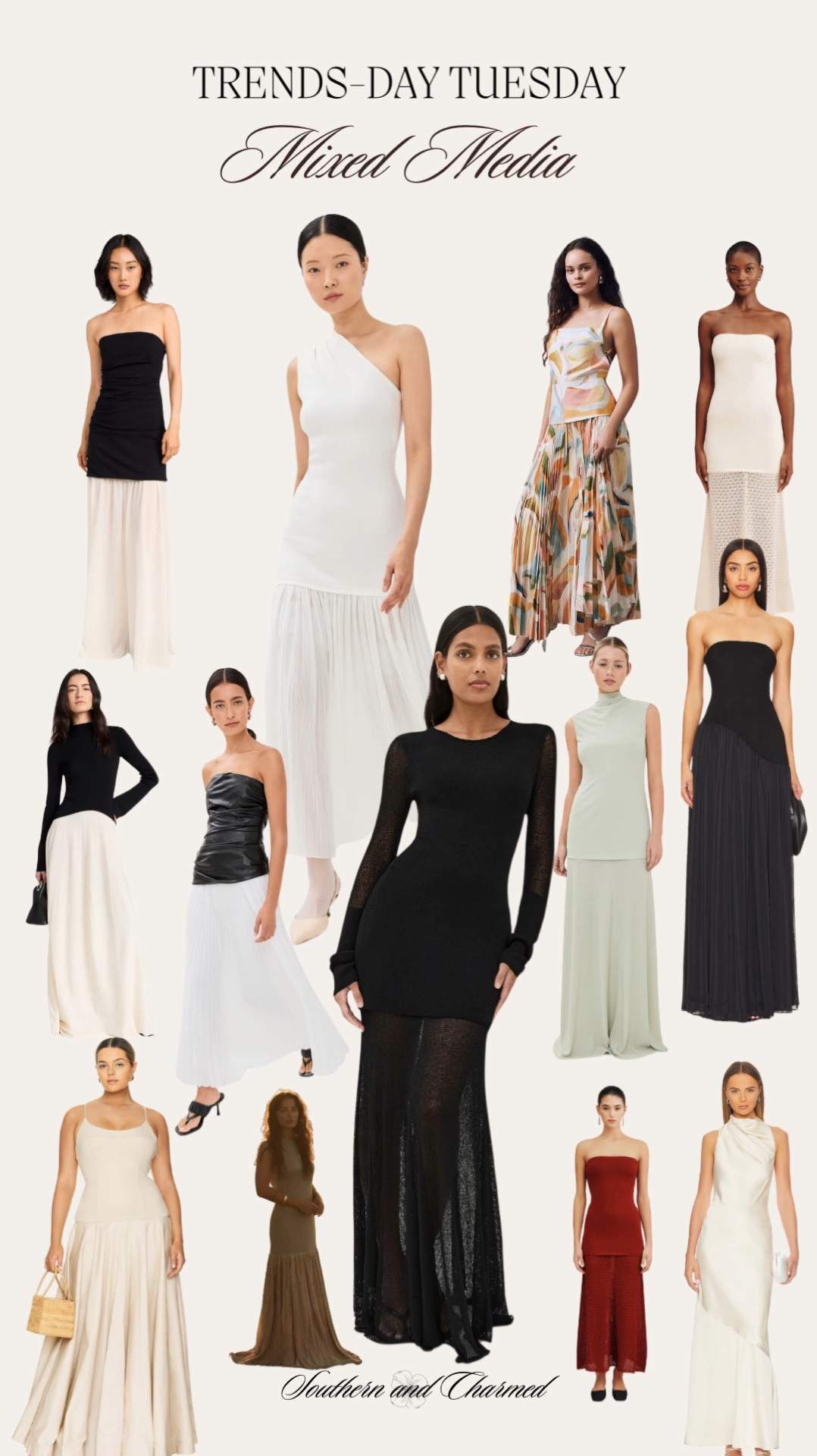 This is another trend that’s been inspired by Brandon Maxwell’s Fall 2024 that debuted February 2024 and is going strong! There are many ways to achieve the mixed-media look (a dress with a combination of fabrics in the same shade or print and different fabrications/textures). One popular way to do this is with a layer of sheer mixed with an opaque layer. We love to see it and it’s easy to be dressed up or down! You’ll see here as casual, long sleeve winter dresses, floor length dresses and gowns and even perfect for a late winter/early spring wedding guest dress option! 