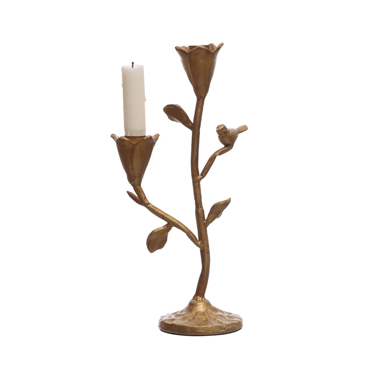 Tall Hand-Forged Cast Iron Candelabra with Flowers and Bird, Gold | Wayfair North America