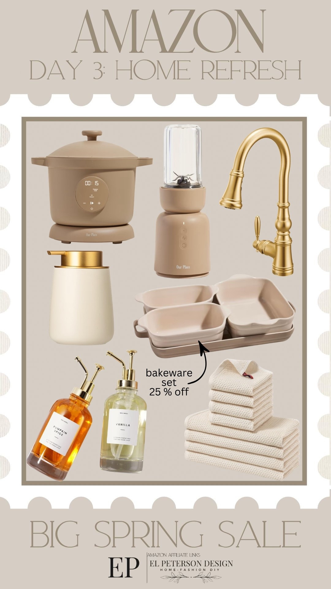 Amazon Big Spring Sale
Day 3: Home Refresh
Rice cooker
Kitchen faucet
Soap dispenser
Oil and vinegar dispenser 
Kitchen towels
Bakeware set 
Blender 

#LTKSaleAlert #LTKHome