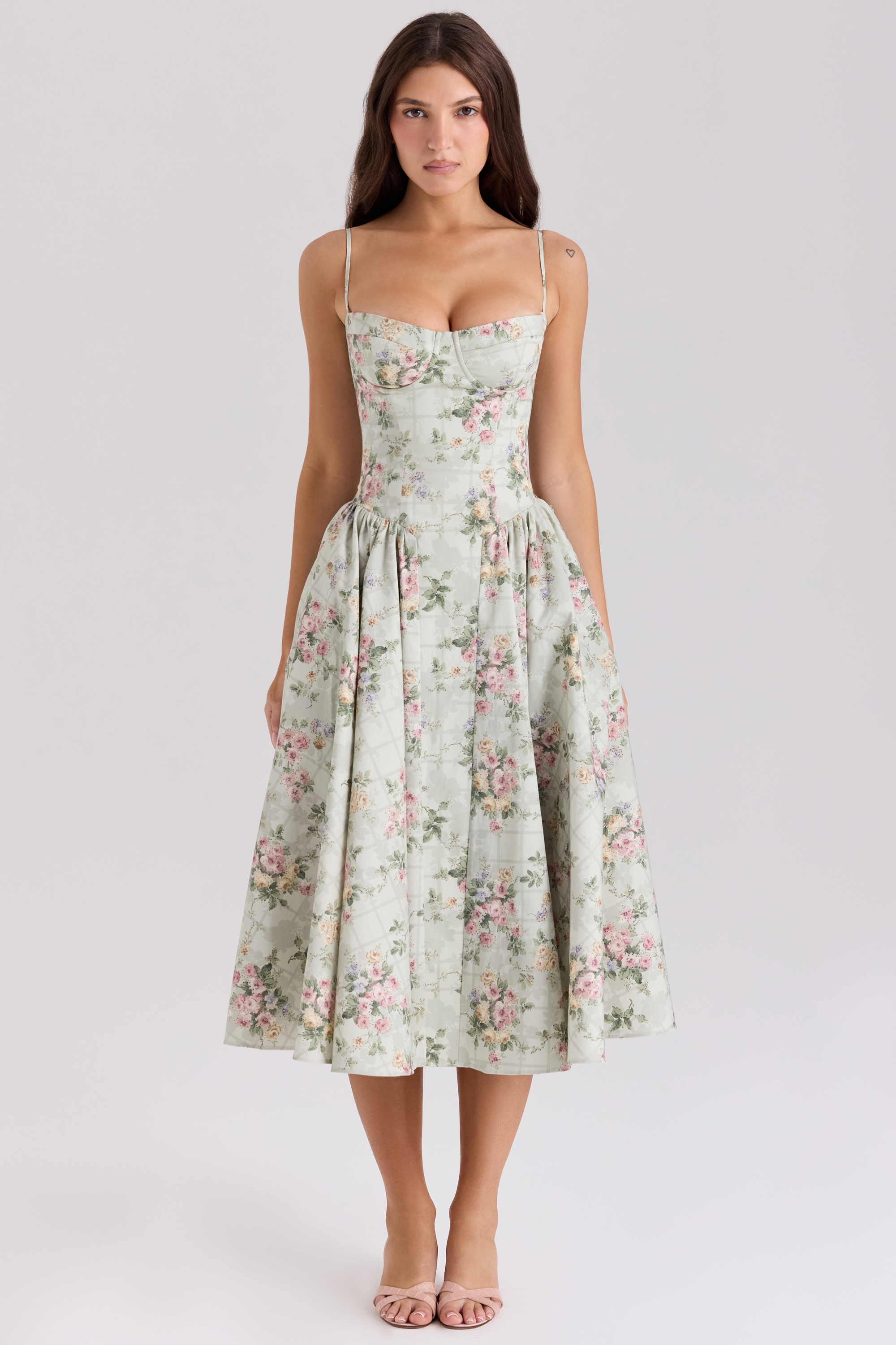 sage floral print cotton midi dress | House of CB