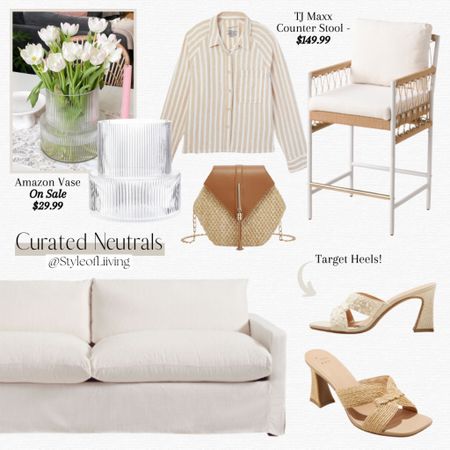 Curated neutral finds! Clear vase from Amazon, heels from Target, TJ Maxx counter stool, World market feather filled linen sofa, button down linen top from Target, clutch handbag Amazon. #neutralaesthetic #furniture

#LTKHome #LTKSaleAlert #LTKStyleTip