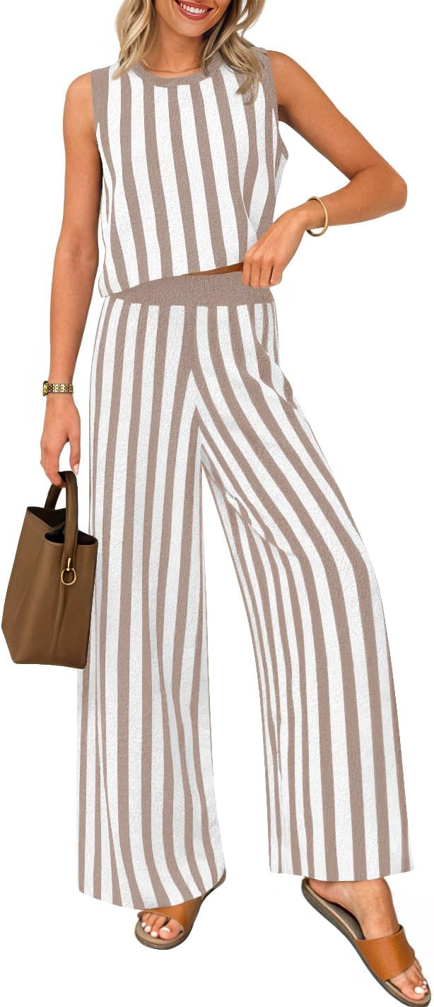 ZESICA Women's Summer Two Piece Outfits Crop Tank Tops and Wide Leg Pants Striped Lounge Travel S... | Amazon (US)