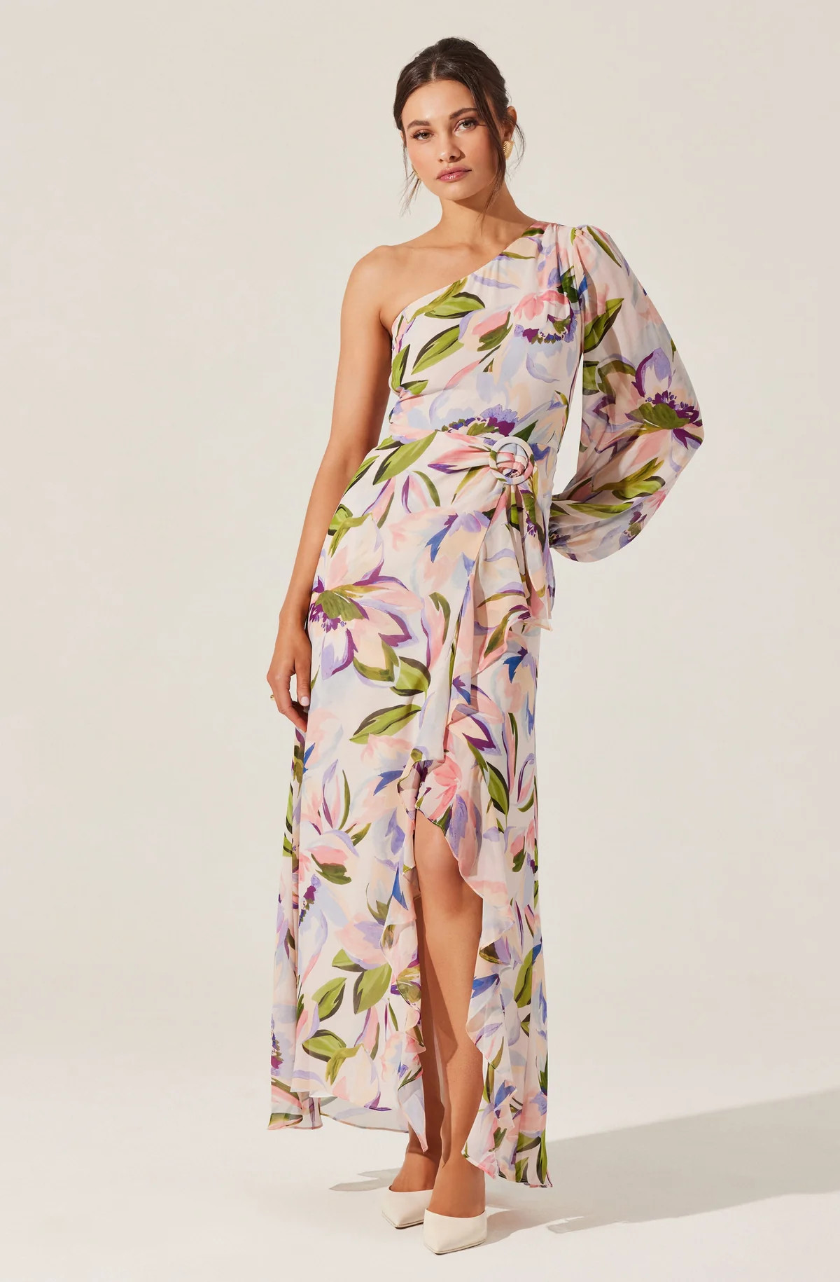 Sandersonia Floral One Shoulder Dress - Pink floral / XS | ASTR The Label (US)
