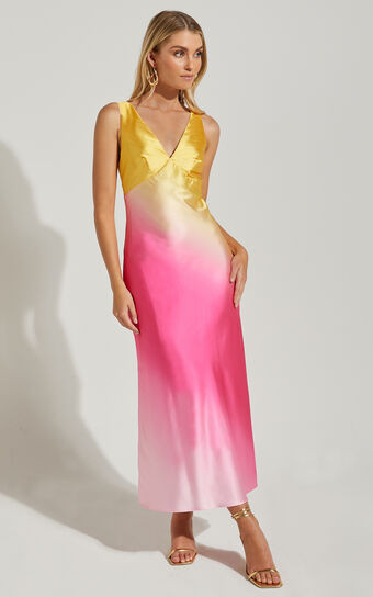 Erika Midi Dress - V Neck Satin Slip Dress in SUNSET OMBRE | Showpo (US, UK & Europe)