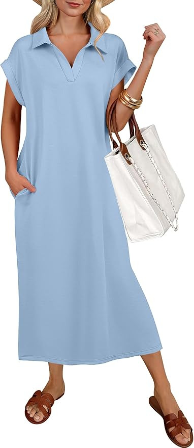 ANRABESS Womens Summer Casual Midi Dresses Short Sleeve Polo V Neck Loose Split Wrinkle-Free Beac... | Amazon (US)